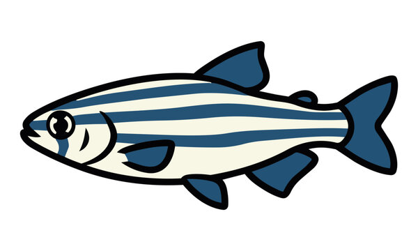 Side profile of a small zebra danio fish featuring bold flat color blocks and minimal geometric shapes isolated on a white background, aquatic wildlife concept