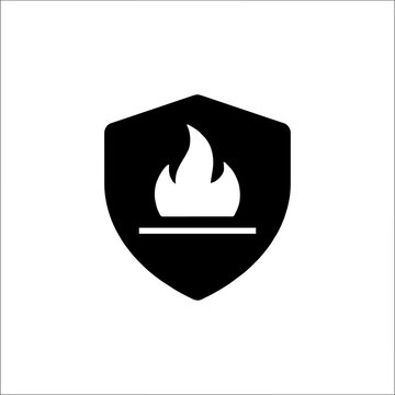 Minimalist solid firewall icon with white flame symbol inside a black shield for network security and cybersecurity protection