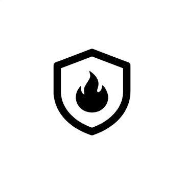 Minimalist firewall icon with a flame symbol inside a shield for network security and cybersecurity protection
