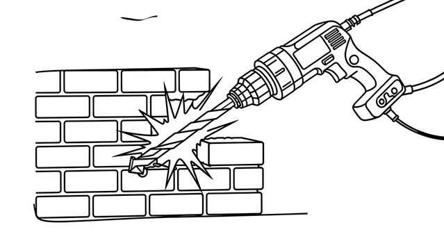 Electric drill breaking brick wall on white background.