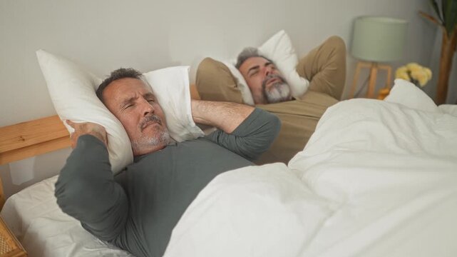 Two men lie in bed covering ears with pillows inside a building, beside a lamp and plant; frustration sleep disruption.