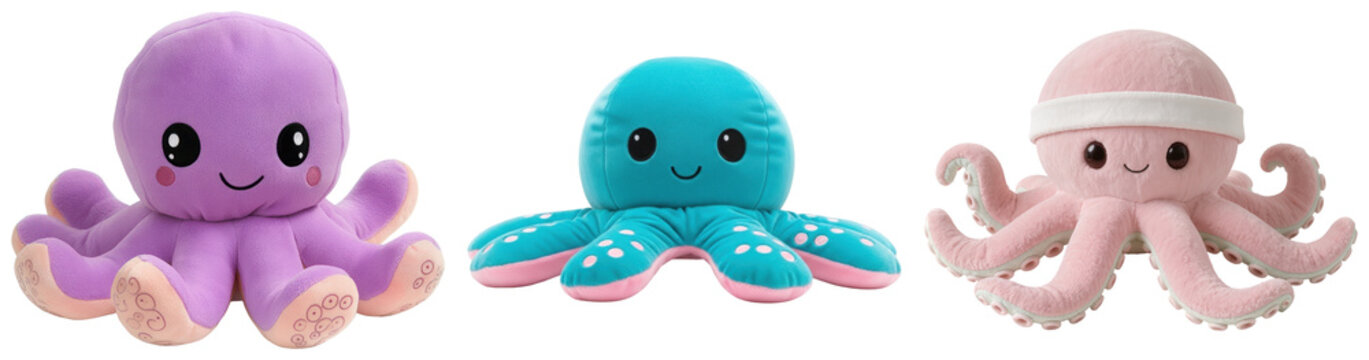 Three plush octopus toys in purple, teal, and pink, isolated on a white background.