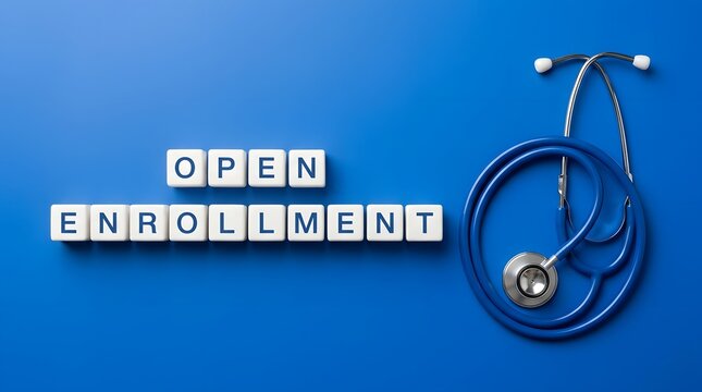 Open enrollment concept with white letter blocks and a blue stethoscope on a blue background