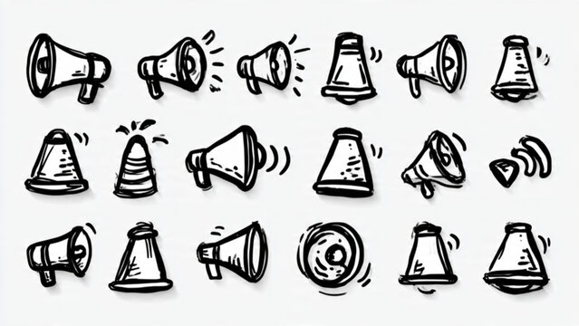 Set of hand drawn loudspeakers and megaphones in black ink sketch style for communication and amplification themes