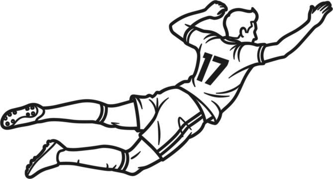 Soccer football player flying dive celebration line art vector icon isolated on white background for sports logo