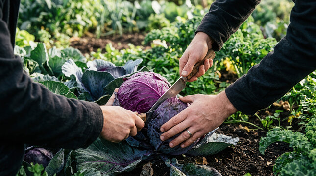 Harvesting Fresh Red Cabbage From Organic Garden