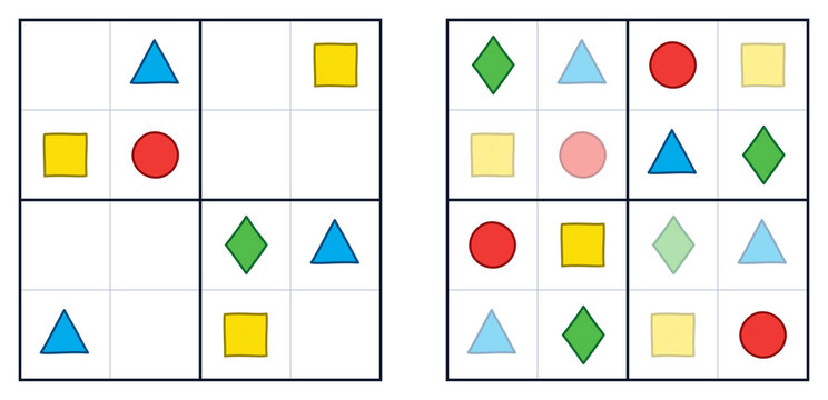 Kid's sudoku with colorful geometric shape in a grid layout