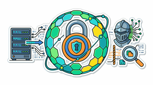Digital security concept with lock server knight and magnifying glass