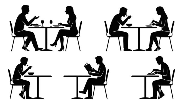 Black silhouettes of people dining at restaurant tables.