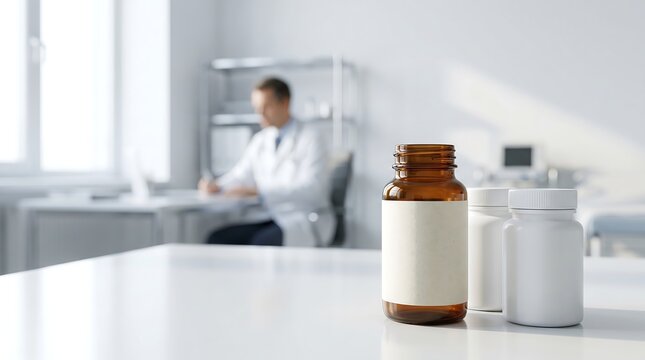 Brown medicine bottles with blank labels on white table in blurred medical clinic background for pharmacy product branding or pharmaceutical supply and healthcare concept