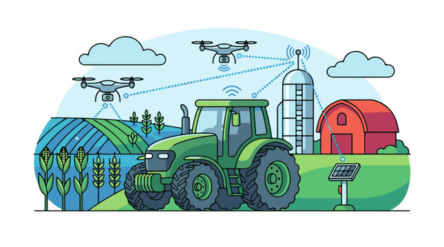 Drone Monitoring Agricultural Fields with Tractor.