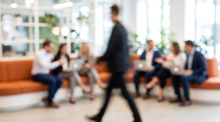 Fototapeta premium Abstract out of focus professional team meeting in modern office with person walking in foreground for corporate business or workplace culture photography concepts