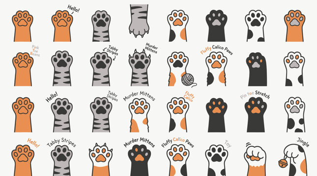 Collection of cat paw stickers in various patterns.