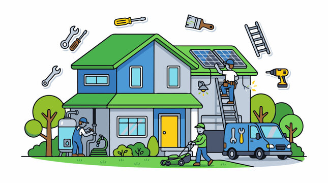 Home improvement workers install solar panels fix plumbing and mow lawn