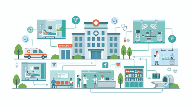 Medical services and hospital facilities illustrated in a modern flat design