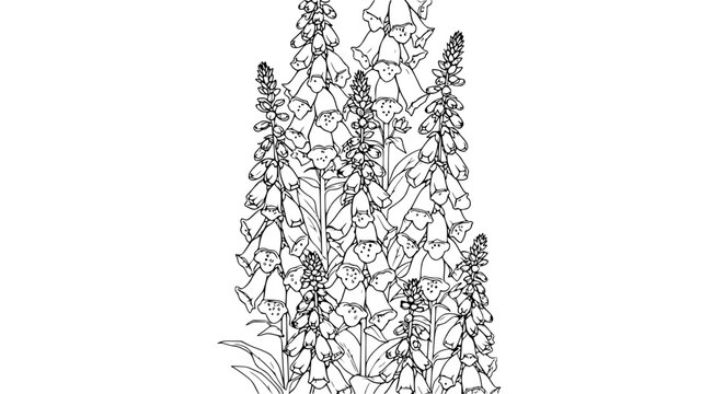 Digitalis Flowers Outline Drawing, Foxglove Plant Sketch, Botanical Illustration