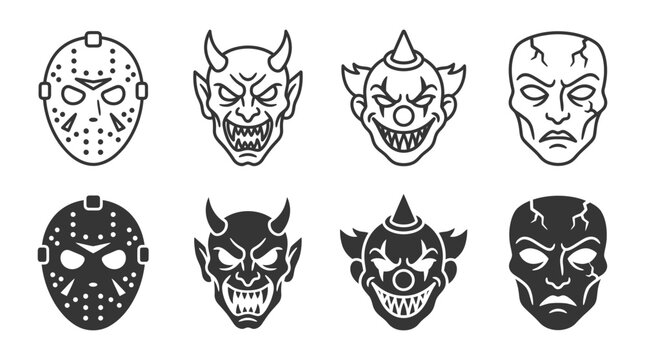 Collection of scary horror masks icons including hockey mask devil clown and creepy face in outline and silhouette