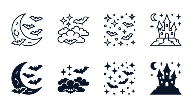 Halloween night elements set featuring bats crescent moon starry sky clouds and spooky haunted castle silhouettes