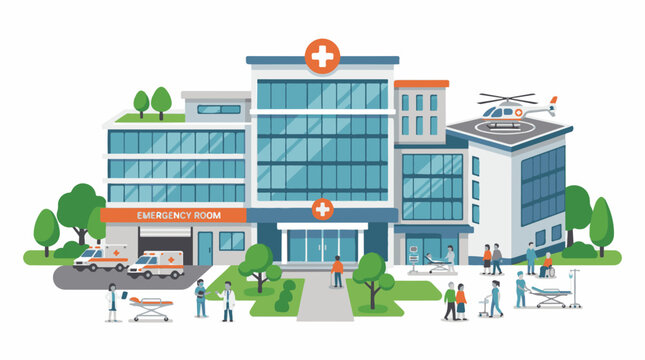 Modern hospital with emergency services staff and visitors