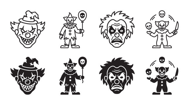 Evil clown characters juggling skulls and holding balloons in icons with character halloween menacing silhouette