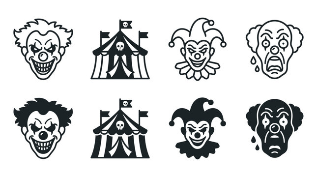Scary clown faces and haunted circus tent icons in minimalist style with halloween silhouette carnival illustration