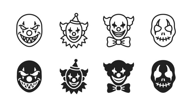 Collection of creepy clown masks and scary jester face icons with halloween silhouette menacing illustration