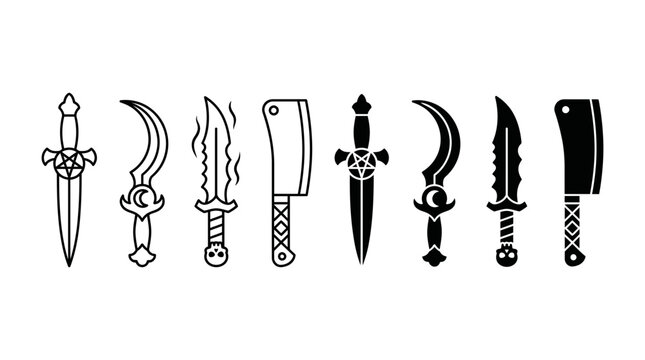 Collection of occult knives and meat cleaver icons in black and white with pentagram illustration isolated crescent
