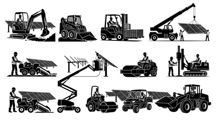 Obraz premium Solar Farm Construction Equipment Operators Silhouette Set Heavy Machinery Vector Collection