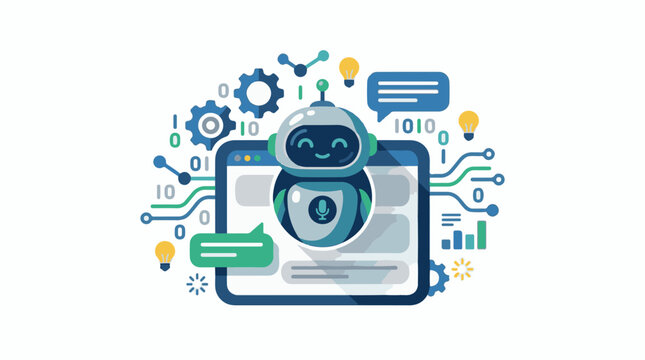 A friendly robot avatar on a digital screen with binary code and gears