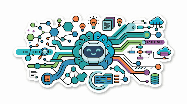 A friendly robot face at the center of a neural network connected to data streams