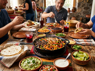 Obraz premium A vibrant family gathering enjoying a delicious Mexican feast with fajitas, guacamole, and various traditional dishes served on a rustic wooden table.
