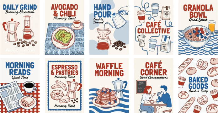 Coffee and breakfast poster. Food and drink cards. Hand drawn coffee cups, pastry, morning meals, croissant, cappuccino, eggs. Doodle text posters for cafe menu. Vector set 