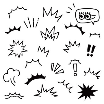 手描き・線画の驚きを表す落書き風アイコン・記号セット｜白黒
