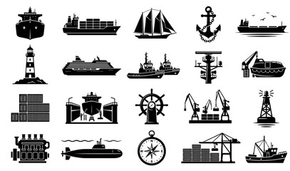 Maritime and Shipping Icons Set Collection with Cargo Ships, Lighthouse, Anchor, Port and Marine Transport Vector Silhouettes © Wisdom