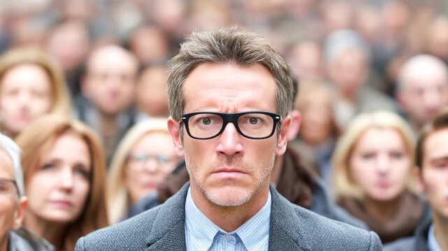 Anxious man in close up in a crowded street during the day Generative AI