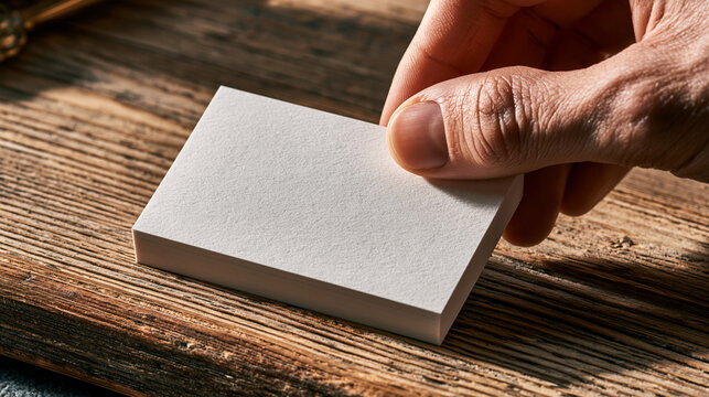Hand holding a stack of blank white business cards on a rustic wooden table. Textured paper mockup with warm sunlight and shadows. Copy space for text