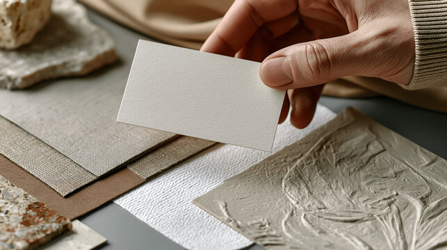 Hand holding a blank white business card over a mood board of textured materials. Empty mockup template for interior design or creative branding. Copy space for text