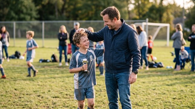 Proud father congratulates his young son holding a soccer trophy after a game on a sunny day