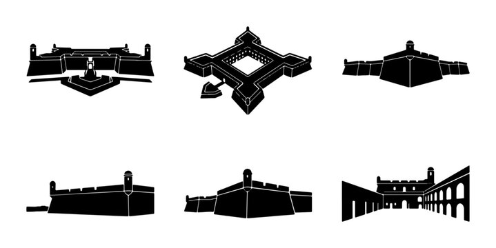 Fortress Architecture Icons, Castle Fortification Vector Set, Military Defense Structures