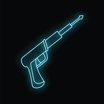 Underwater hunting speargun glowing with blue neon light on a dark background