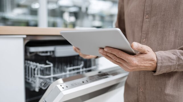 Senior man using digital tablet in modern kitchen with open dishwasher
