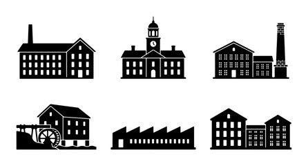 Obraz premium Industrial Building Icons, Factory Silhouettes, Architectural Vector Set