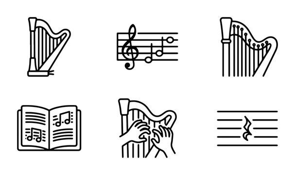 Harp Music Icons Set, Classical Instrument Vector Graphics, Sheet Music Notes