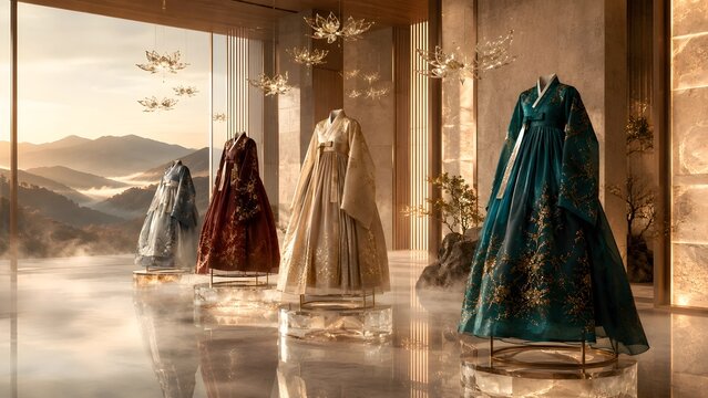 Luxury Traditional Korean Hanbok Dresses in Showroom at Sunset