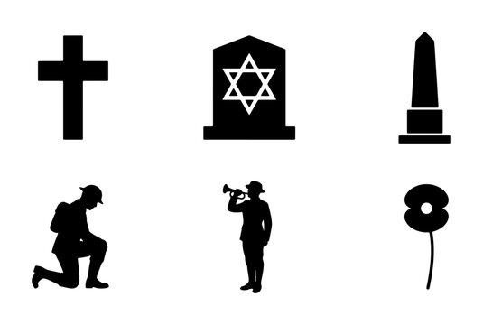 Memorial Icons: Cross, Tombstone, Obelisk, Soldier, Bugler, Poppy