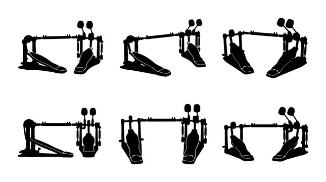 Drum Pedals, Bass Drum Double Pedal Set, Percussion Equipment Vector Icons