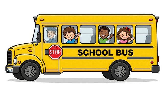Back to school cheerful school bus with diverse students educational illustration for learning resources