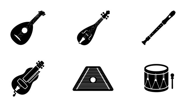 Folk Music Instruments Vector Icons, Traditional String and Percussion Set