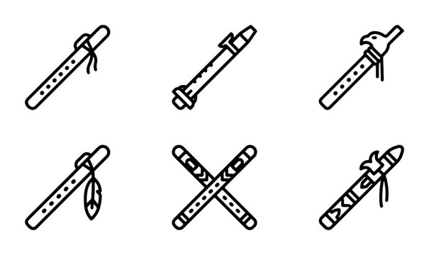Native American Flutes, Indigenous Wind Instruments, Tribal Music Symbols, Vector Icons Set