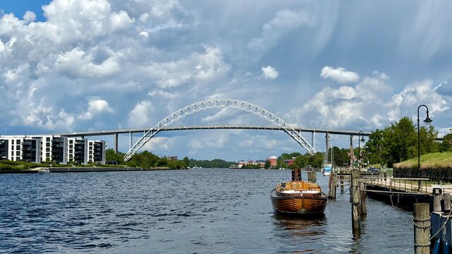 Fredrikstad Bridge spanning Glomma River with boats